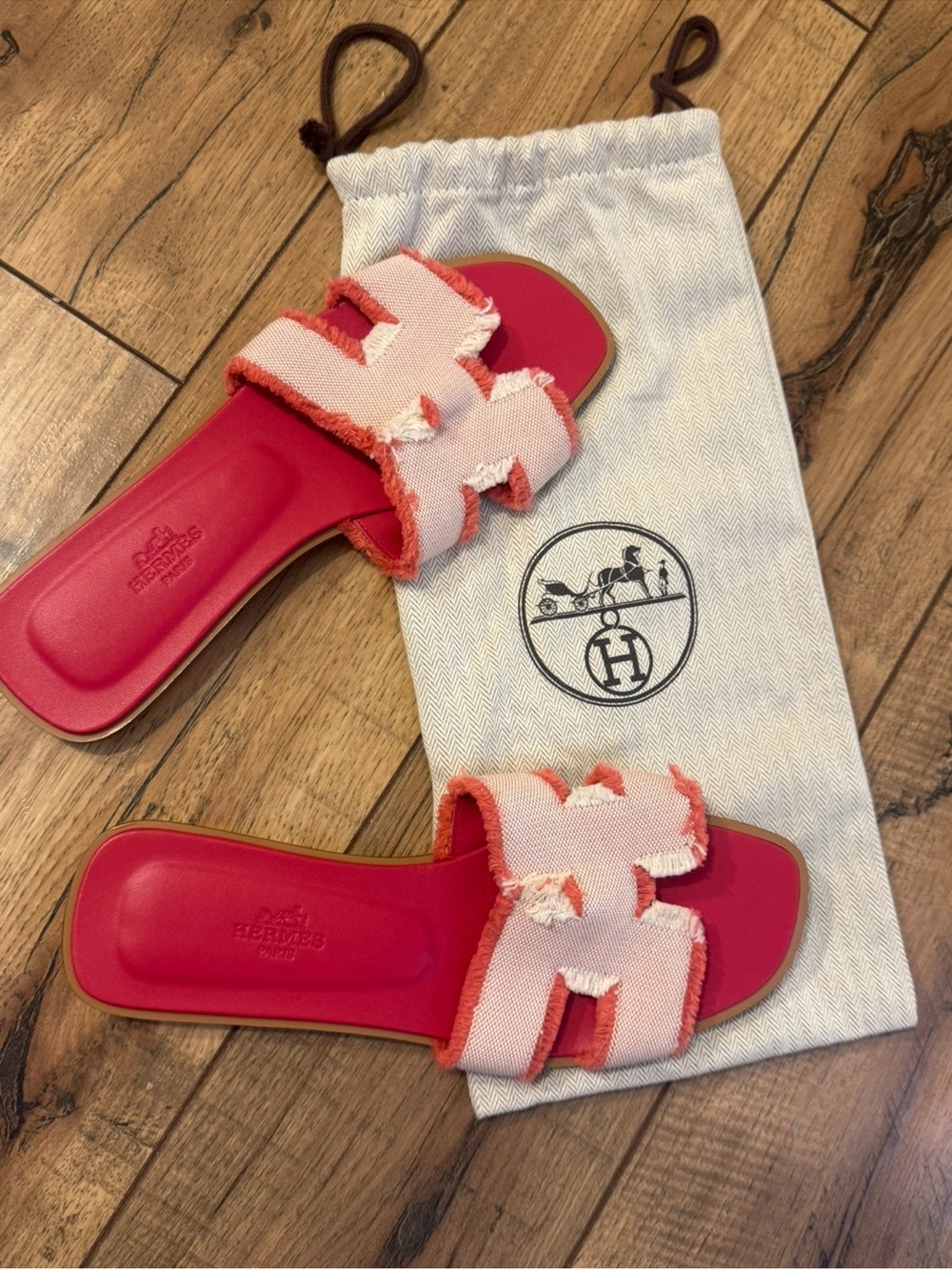 Hermes Pink and Coral Fringed Oran Slide Sandals